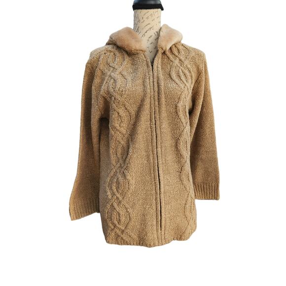 Crazy Horse Jackets & Blazers - Small Oversized Tan Knit Coat Jacket Faux Fur Hood Zip Heavy Y2K Cozy